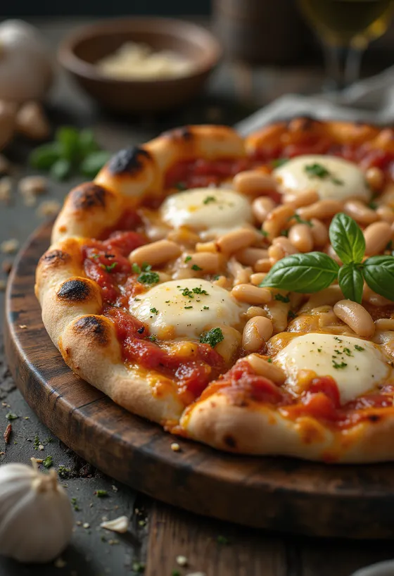 Pizza ai Fagioli dengan topping kacang putih dan saus tomat