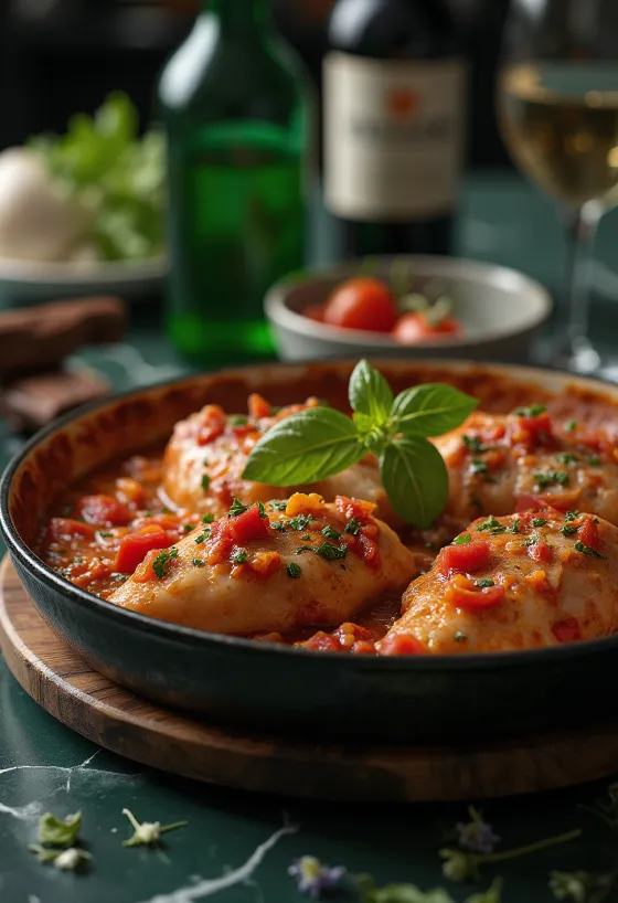 Pollo alla Cacciatora disajikan dengan roti segar