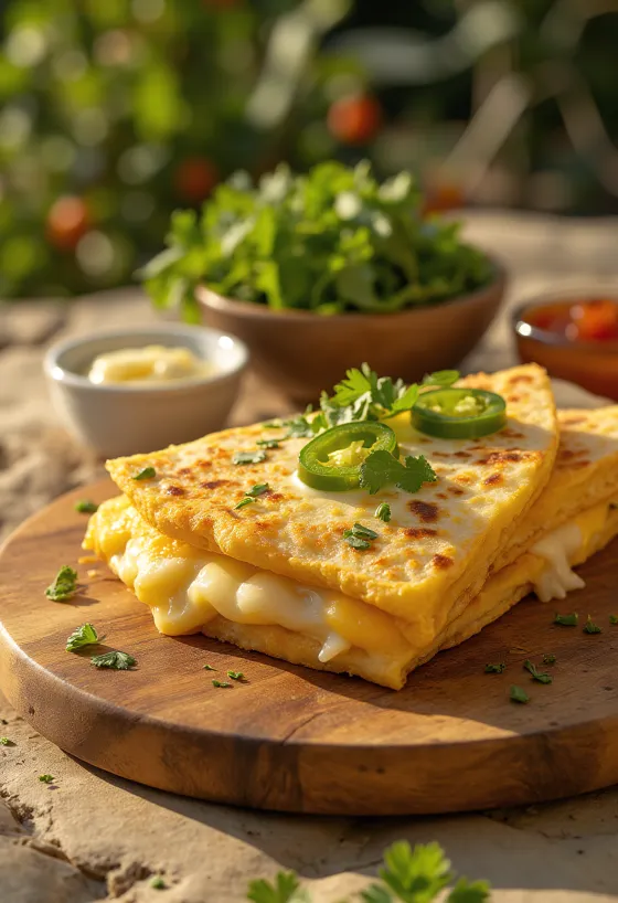 Pancake quesadilla disajikan dengan keju dan ayam