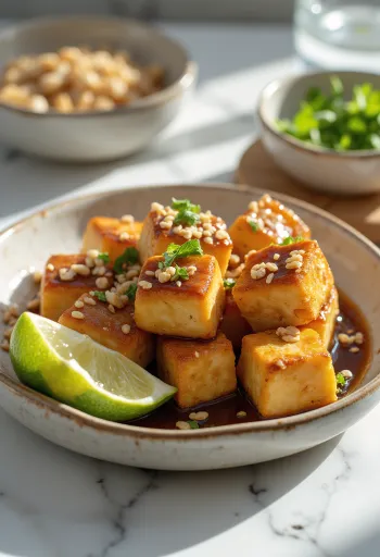 Tahu goreng dengan kacang sangrai disajikan