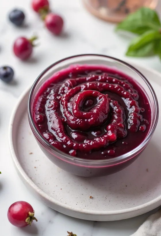 Saus rosehip anggur merah dalam mangkuk, dihiasi dengan rosemary segar.