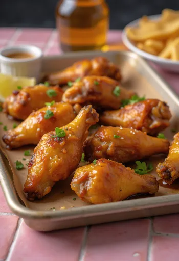 Sayap ayam madu-mustard dipanggang cokelat keemasan, disajikan dengan sayuran segar