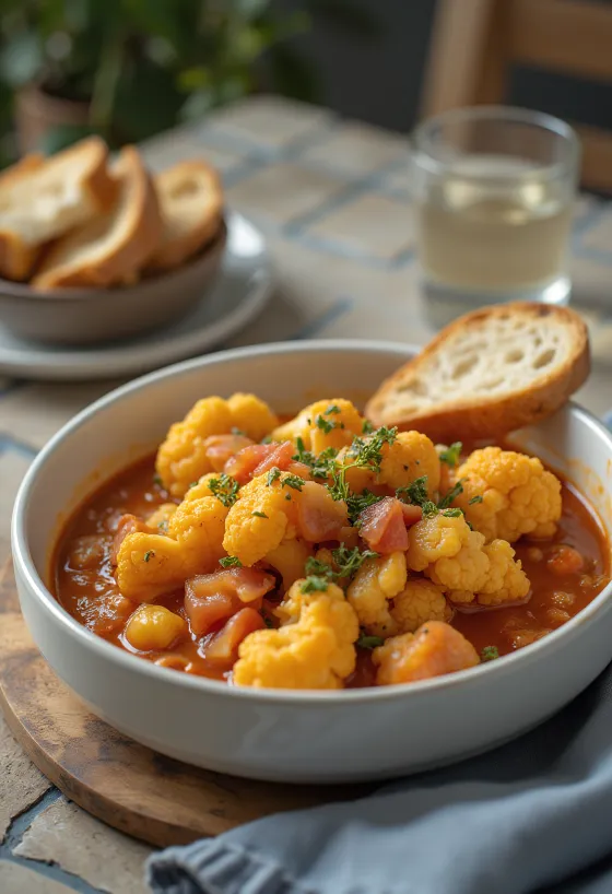 Semur kembang kol berbumbu dalam kuah tomat juicy, ditaburi peterseli segar.