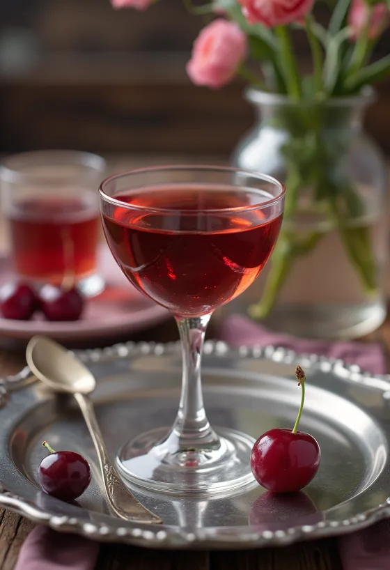 Palinka ceri bening disajikan dalam botol kaca