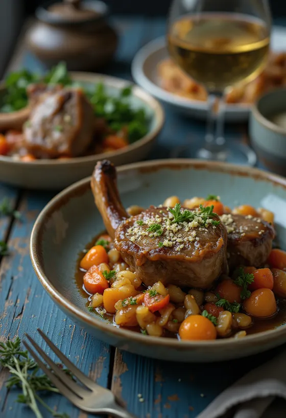 Osso buco betis sapi muda disajikan dengan gremolata