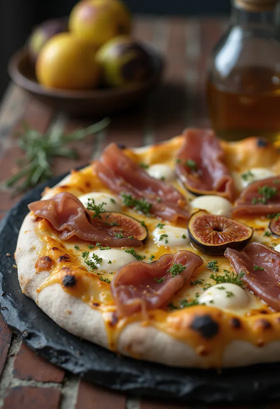 Pizza ai Fichi e Prosciutto dengan irisan buah ara dan daging asap