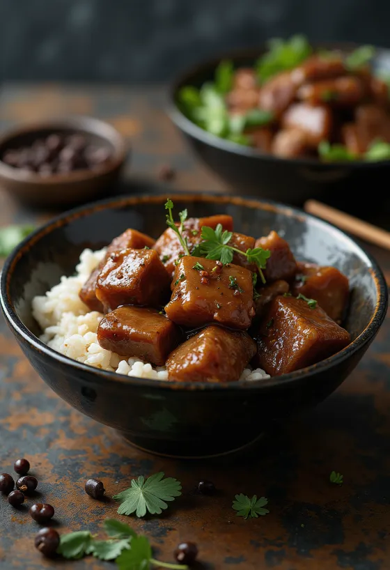 Beef adobo disajikan dengan nasi putih
