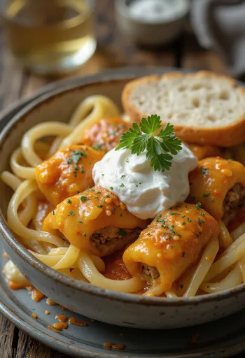 Kubis isi, digulung dalam daun kubis asam, diisi dengan daging sapi giling berbumbu dan nasi, disajikan dalam saus tomat