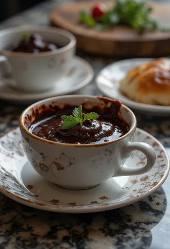 Saus cabai cokelat anggur merah dalam mangkuk, dihiasi dengan potongan cokelat dan cabai.