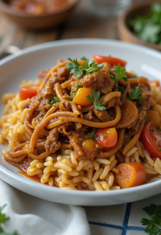 Carne Mechada disajikan dengan arepa dan nasi