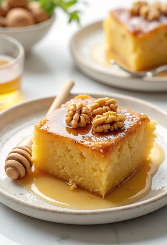 Kue madu kenari Yunani dengan hiasan biji kenari dan lapisan madu