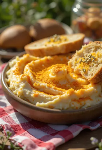 Körözött disajikan dengan sayuran segar dan dioleskan di atas roti panggang