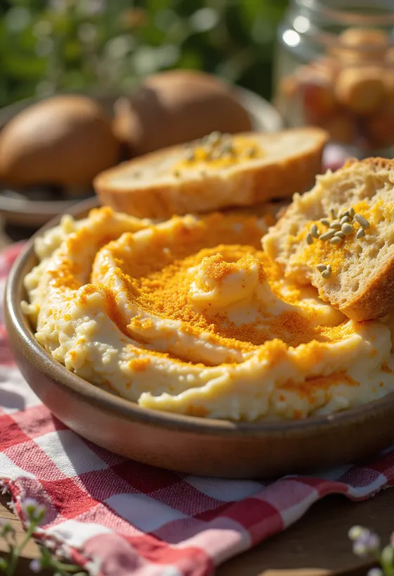 Körözött disajikan dengan sayuran segar dan dioleskan di atas roti panggang