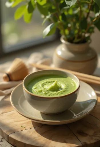Secangkir teh matcha berbusa, dihiasi dengan bubuk matcha
