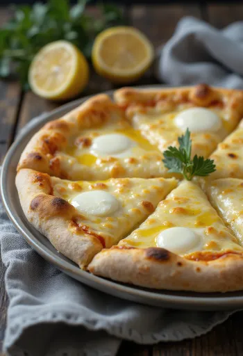 Pizza putih yang baru dipanggang dengan keju Grana Padano