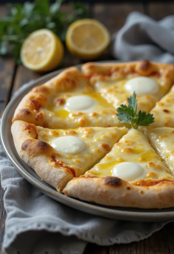 Pizza putih yang baru dipanggang dengan keju Grana Padano