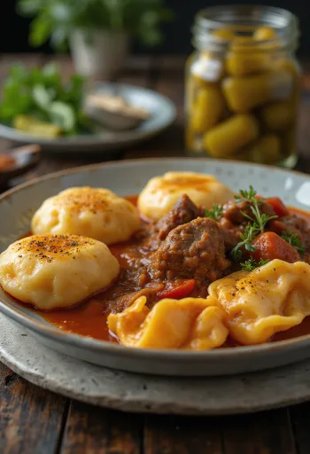 Pörkölt juicy disajikan dengan nokedli segar, sebagai hidangan tradisional Hungaria di piring putih