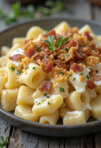 Pasta keju cottage ditaburi kerupuk daging, disajikan dengan dill segar