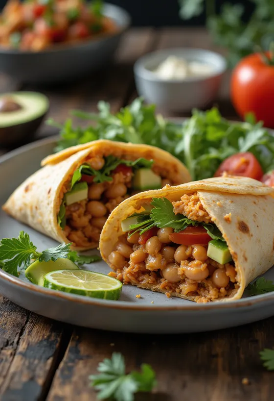 Tortilla wrap vegan dengan sayuran segar dan krim kacang