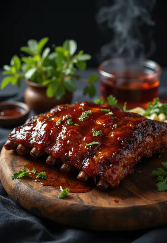 Iga sapi BBQ disajikan dengan kentang goreng dan salad segar