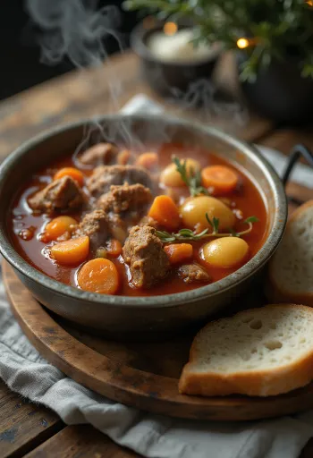 Goulash kuali berasap, disajikan kaya dengan roti segar