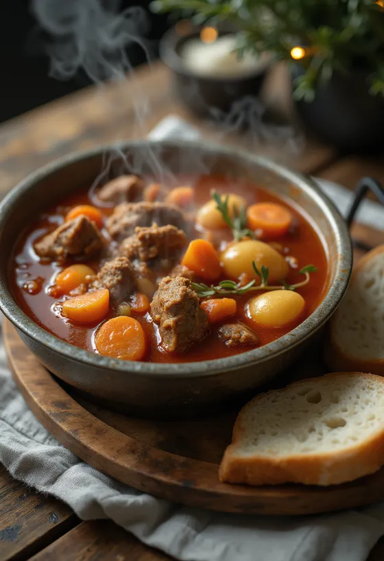 Goulash kuali berasap, disajikan kaya dengan roti segar
