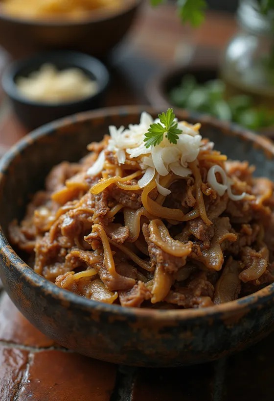 Carne Seca disajikan dengan nasi dan ketumbar segar