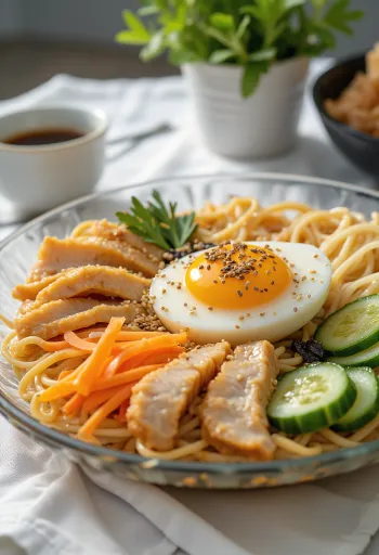 Ramen dingin disajikan dengan kaldu kecap asin dan ayam