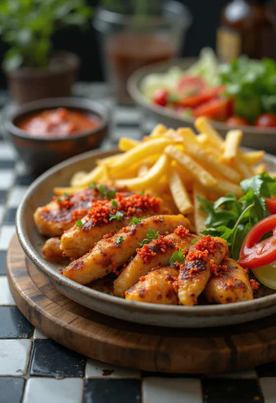 Piring gyros pedas dengan daging panggang, sayuran, dan saus cabai
