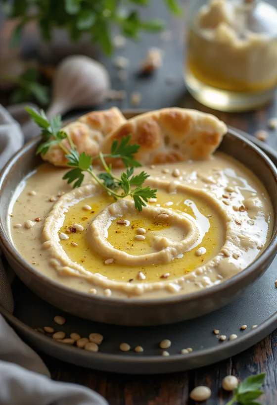 Saus tahini bawang putih kari disajikan