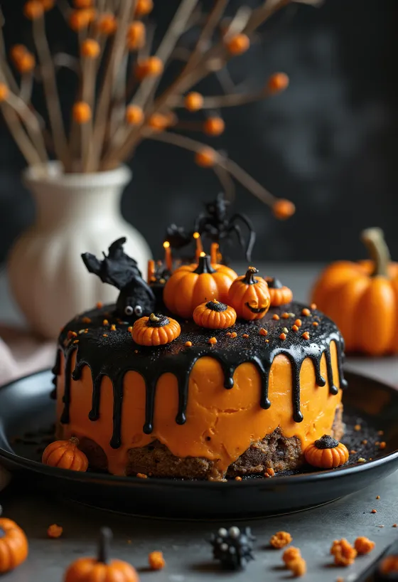 Kue Halloween dengan fondant oranye dan hiasan hitam