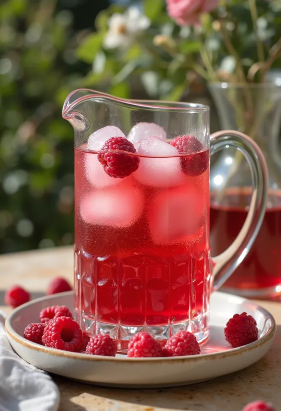 Cider raspberry-mint dingin disajikan dalam gelas dengan es