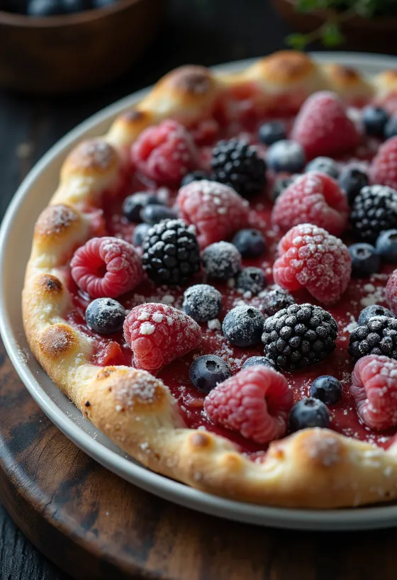 Pizza ai Frutti di Bosco dengan topping buah beri dan gula halus