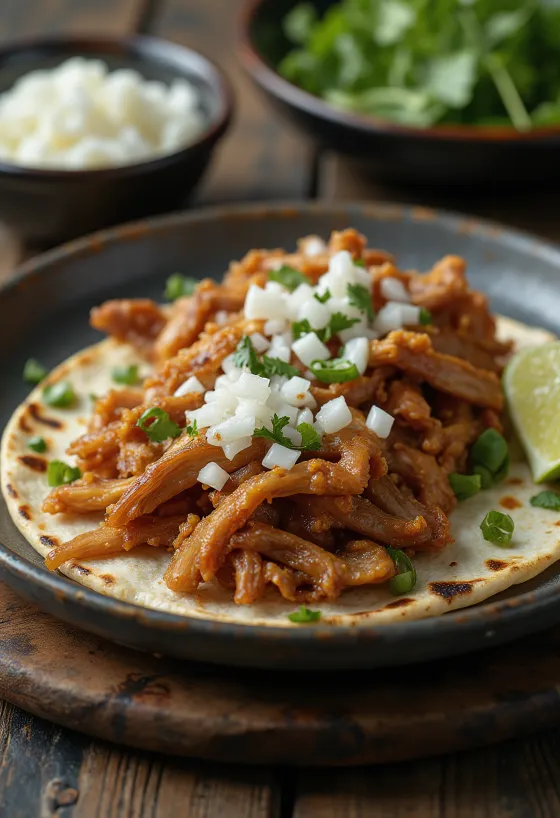 Beef carnitas disajikan dalam tortilla hangat