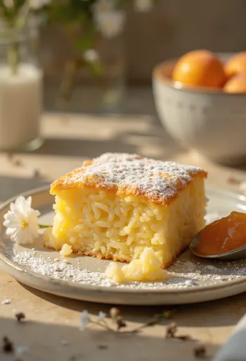 Soufflé beras dipanggang cokelat keemasan, ditaburi gula halus dan disajikan dengan selai buah