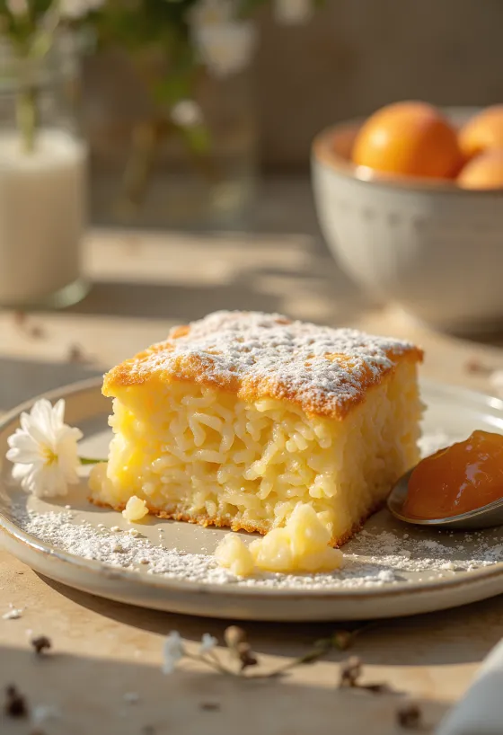 Soufflé beras dipanggang cokelat keemasan, ditaburi gula halus dan disajikan dengan selai buah