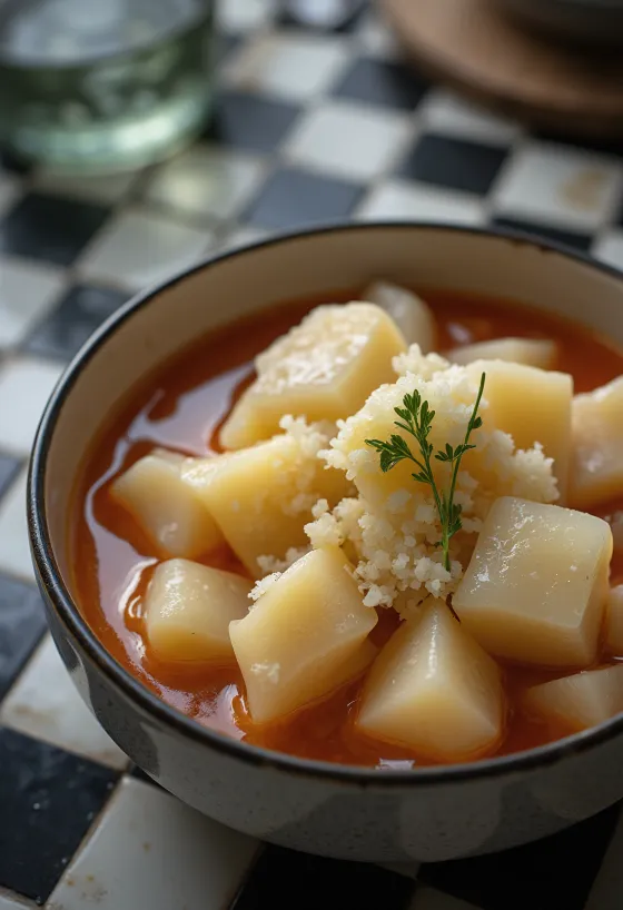 Whale blubber stew disajikan dalam mangkuk pedesaan dengan roti.