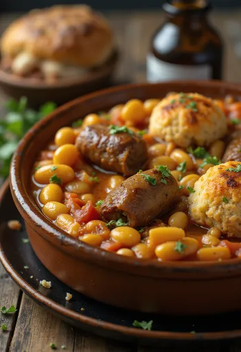 Cassoulet dengan daging domba, hidangan satu panci dengan kacang dan sosis