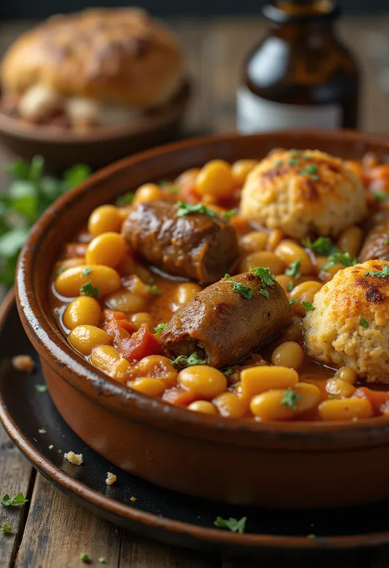 Cassoulet dengan daging domba, hidangan satu panci dengan kacang dan sosis