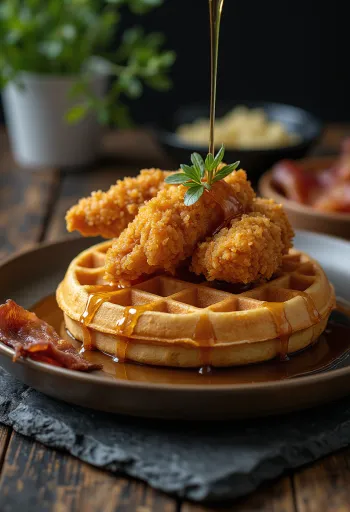 Waffle manis-asin dengan dada ayam, daging sapi asap, dan sirup maple disajikan