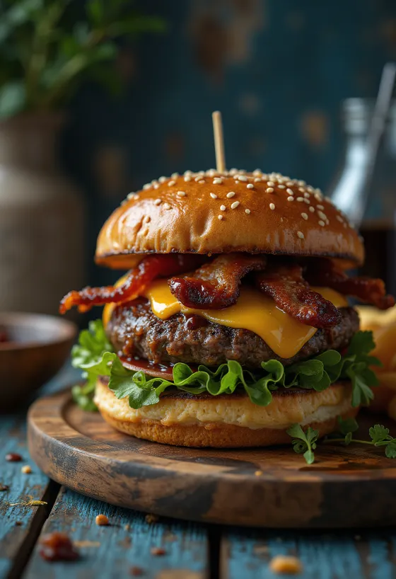 Burger asap dengan keju cheddar dan daging sapi asap