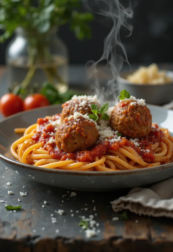 Bola-bola daging dengan pasta tomat disajikan