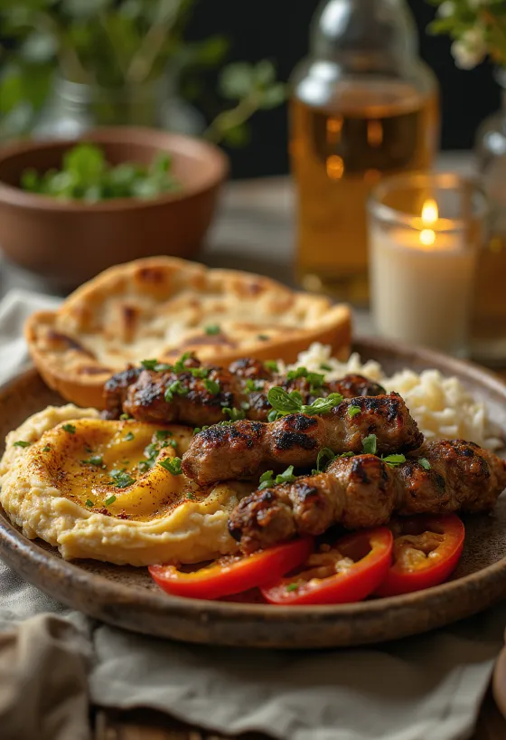 Piring Kebab dengan sate daging panggang, hummus, dan saus yogurt