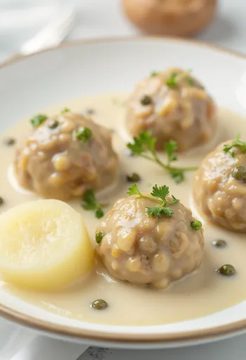 Königsberger Klopse bakso Jerman dengan saus kaper disajikan