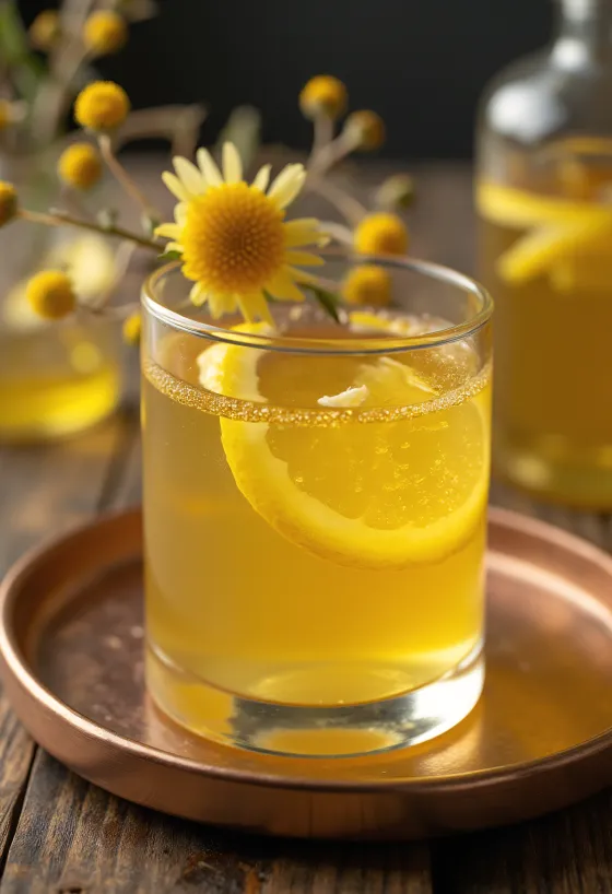 Likur bunga elderflower madu kuning cerah disajikan dalam botol