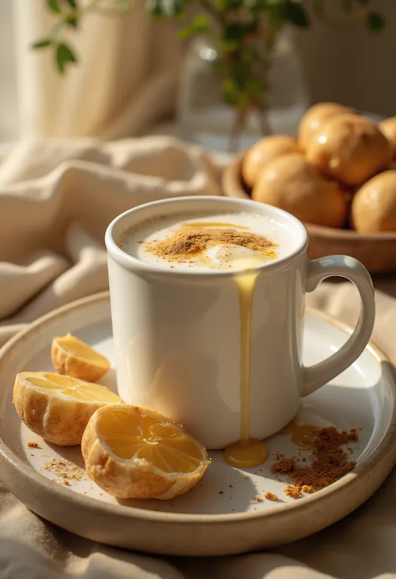 Susu madu dalam gelas mug dihiasi dengan kayu manis