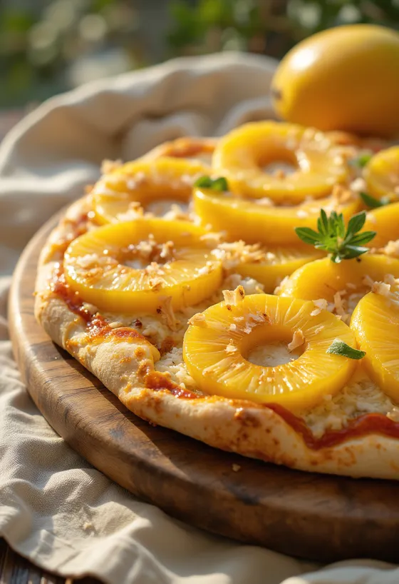 Pizza ai Frutti Tropicali dengan irisan nanas dan mangga