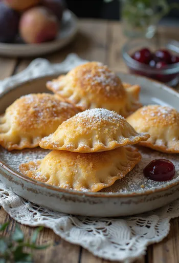 Dumpling selai plum baru direbus, ditaburi remah roti panggang.