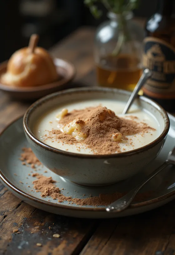 Puding semolina creamy ditaburi kakao, disajikan dengan buah segar