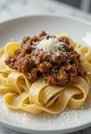 Ragu daging sapi dengan pappardelle disajikan di piring pedesaan.